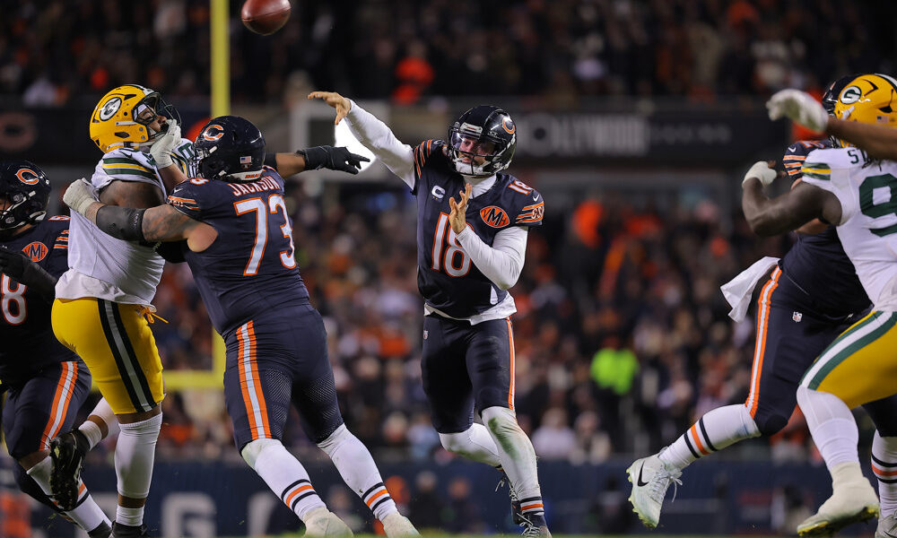 Caleb Williams #18 of the Chicago Bears throws the ball during the second half of a NFC Wild Card Playoff game
